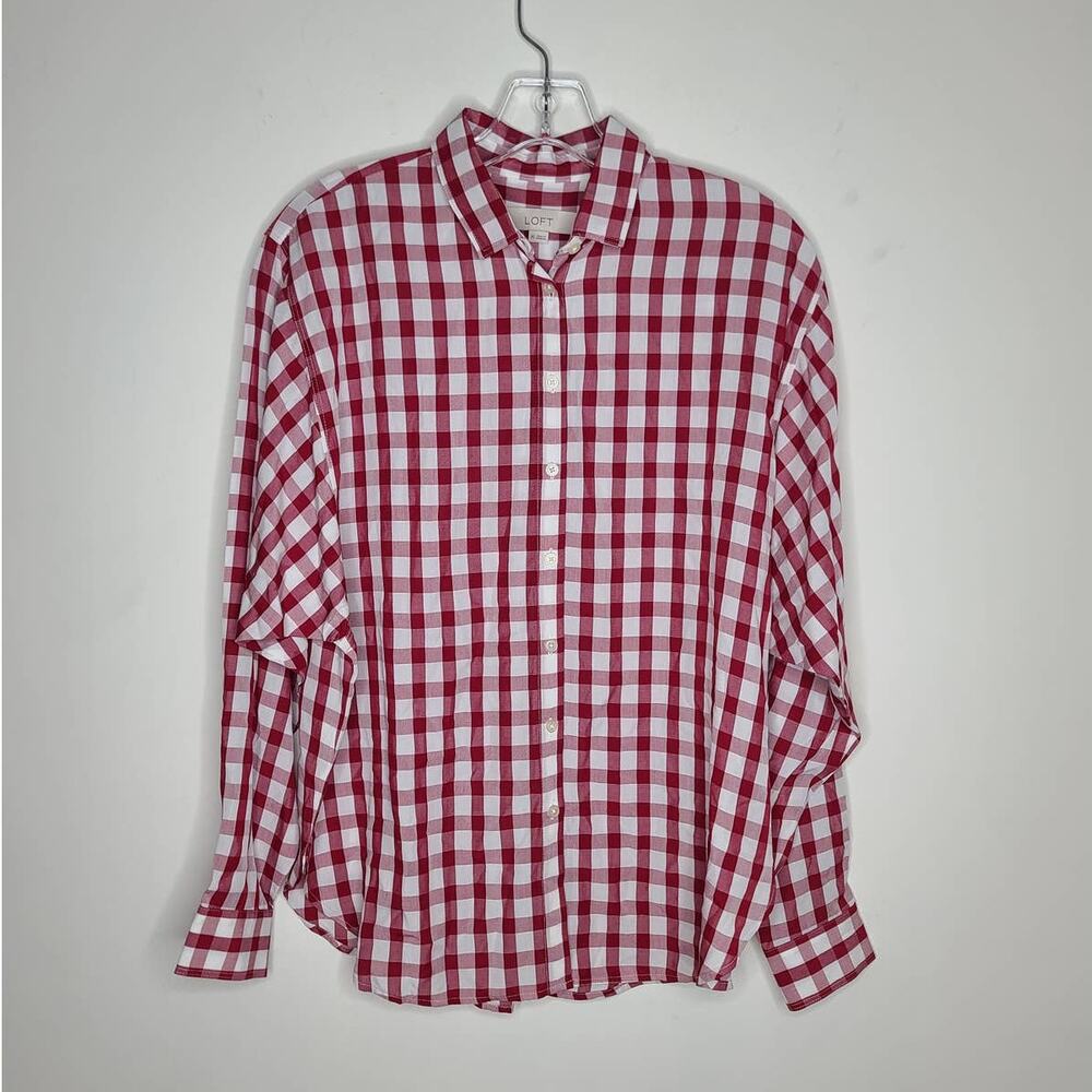 Ann Taylor Loft red white buffalo plaid long sleeve button down shirt - XS
